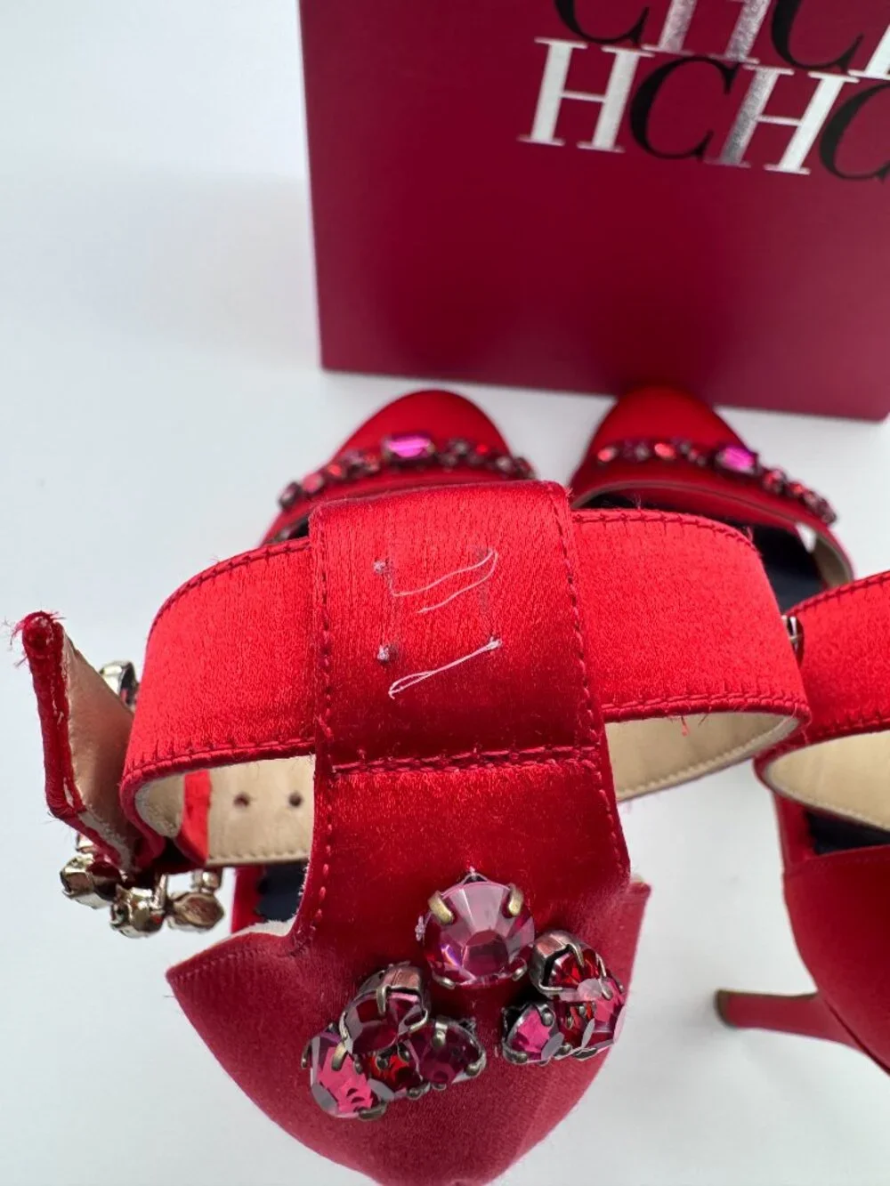 CH Carolina Herrera Red Satin Crystal Embellished Heels Size 36 Box